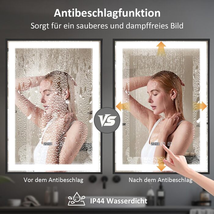 Дзеркало для ванної кімнати YOURLITE з підсвіткою, 85x55 см, LED, сенсорне керування, 3 кольори світла, регулювання яскравості, протизапобігання запотіванню, вертикальна/горизонтальна орієнтація, IP44, білий (чорний-5070)