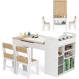 Дитячий стіл COSTWAY 3 в 1 з 2 стільцями: стіл для малювання, мольберт, місце для зберігання. Дерев'яний дитячий стіл-трансформер, 120 x 60 x 60 см (натуральний колір).