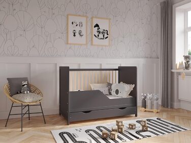 Дитяче ліжечко Love For Sleep з шухлядою та матрацом алое вера 120 x 60 см, бар'єр безпеки, прикусні шини антрацит/сосна