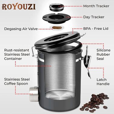 Герметична кавова банка Royouzi з нержавіючої сталі, Вакуумна кавова банка, ємність для кавових зерен об'ємом 1,8 л з ложкою з нержавіючої сталі і таймером для зберігання, для чаю горіхи какао довше і свіже