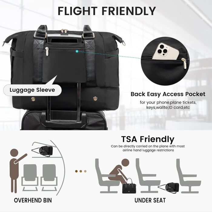Спортивна сумка LOVEVOOK для подорожей: жіноча дорожня сумка-weekender з культюрною косметичкою, відділенням для взуття та мокрих речей, водонепроникна сумка для ночі, сумки для тренажерного залу, подорожей та аеропорту (37L, чорний)