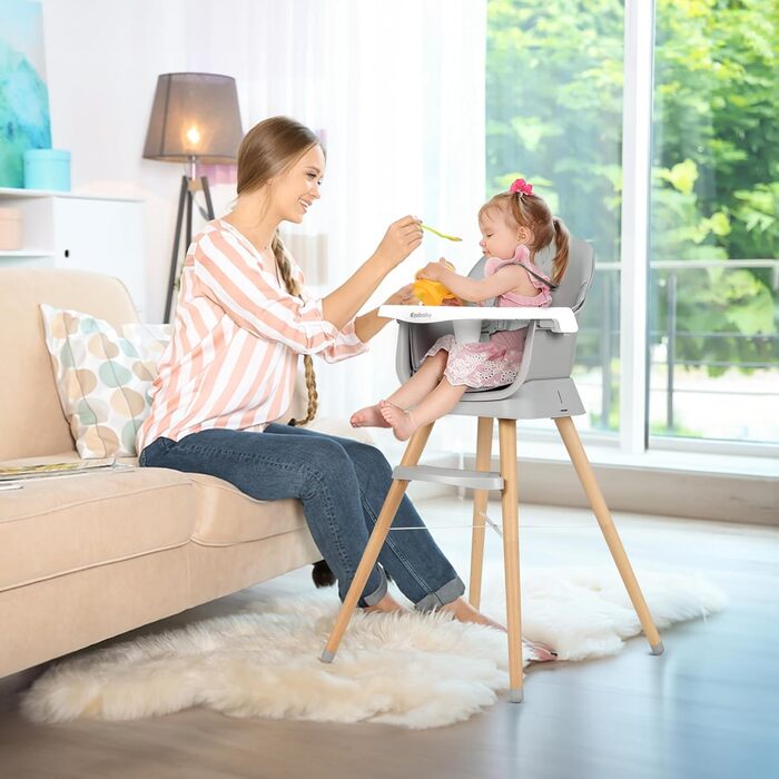 Дитячий стільчик Ezebaby 6 в 1 для годування, сірий. З підставкою для ніг, ременем безпеки та знімним столиком. Від 6 місяців.