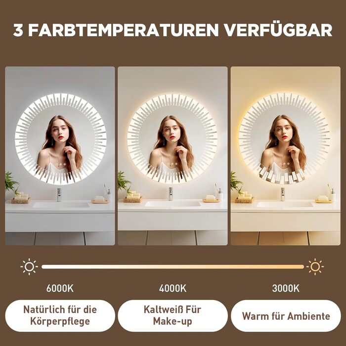 Дзеркало для ванної кімнати YOLEO з підсвічуванням 90x70 см, LED дзеркало з переднім та заднім освітленням, дзеркало для стіни з пам'яттю, 3 регульовані кольори світла, антизапотівання