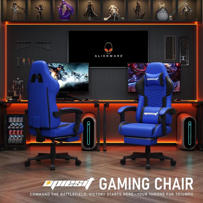 Ігровий крісло з підніжкою, регульованими підлокітниками та підтримкою попереку, ергономічне для дорослих, велике, високе, блакитне