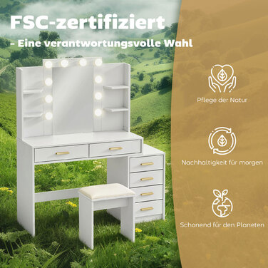 Туалетний столик з підсвічуваним дзеркалом та м'яким пуфом, туалетний столик з 6 висувними ящиками та полицями, білий