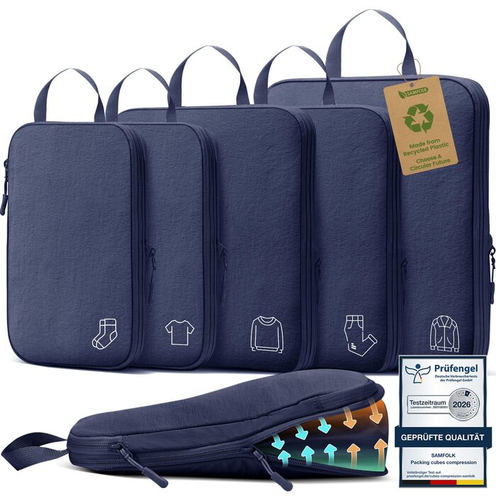 Набір компресійних органайзерів для одягу в дорогу (5 шт), нейлонові дорожні сумки-кубики для валізи та рюкзака, темно-синій