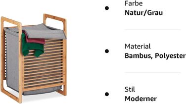 Кошик для білизни Relaxdays бамбук, квадратний збірник для білизни з кришкою, для брудної білизни у ванній кімнаті, HWD 60 x 40 x 35 см, натуральний/сірий