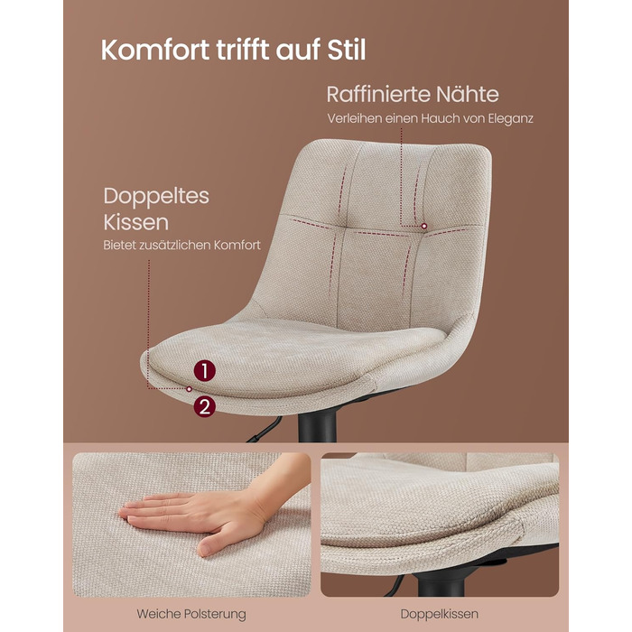 Барні стільці VASAGLE 2 шт., регульовані по висоті, обертаються, зі спинкою та підніжкою, для кухні, їдальні, бару, сталеві, LJB195G02 (кремово-білий, фланель)