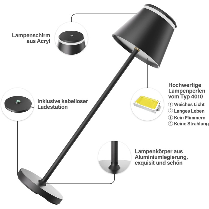 LED-лампа настільна бездротова Neoglint (2 шт) з бездротовою зарядкою та пультом ДУ, чорна