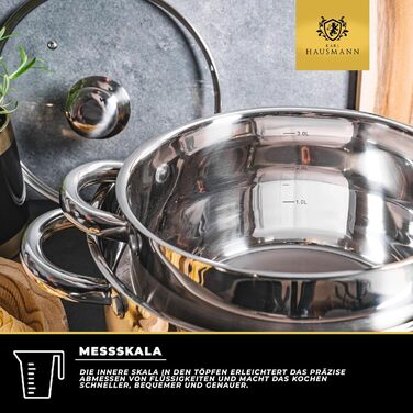 Набір каструль Karl Hausmann 3 шт. з нержавіючої сталі для індукційних та інших плит з кришкою з термостійкого скла та мірною шкалою