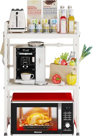 Регульована полиця для мікрохвильової печі, розширювана стійка-організатор для кухні, міцна з вуглецевої сталі, з 8 гачками (3-рівні, білий)