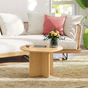 Круглий журнальний столик, бамбуковий столик для вітальні з перехресними ніжками, натуральний