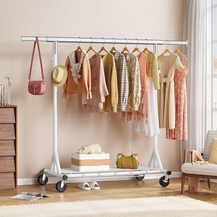 Стійка для одягу на колесах FAVOOOSTY, металева, мобільна, до 200 кг, швидка установка, білий колір, 1 перекладина