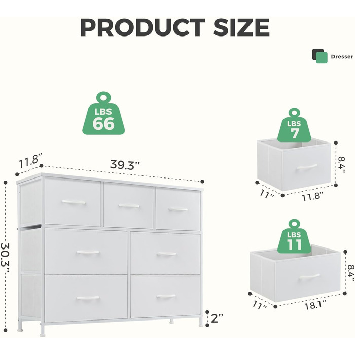 Комод DUMOS з 7 шухлядами для тканини, високий органайзер для одягу, металевий каркас, білий