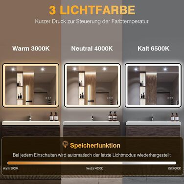 LED дзеркало для ванної кімнати 80x60 см з підсвічуванням, диммер, протитуманне покриття, 3 кольори світла, IP44, функція пам'яті, горизонтальний/вертикальний монтаж