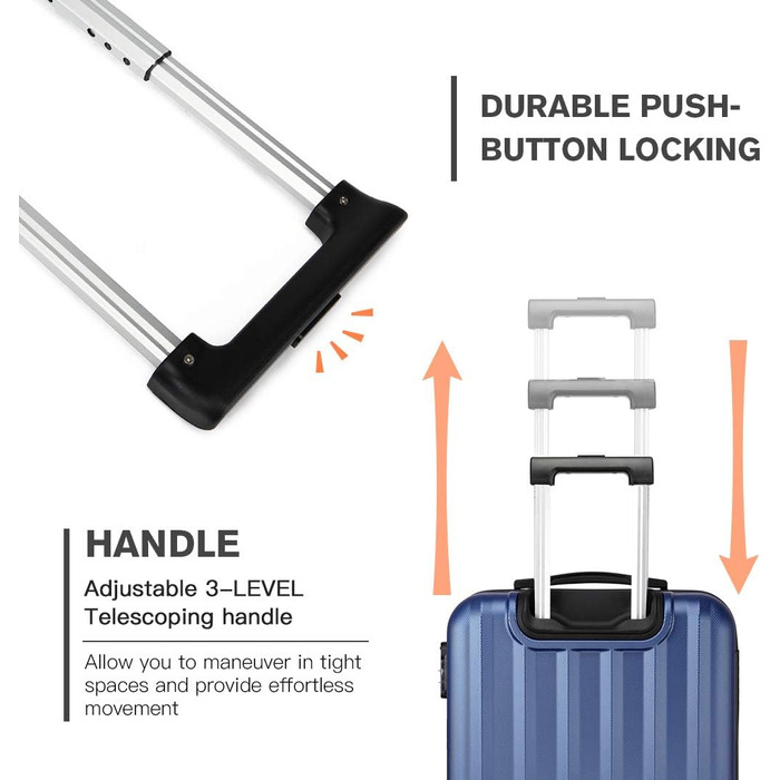 KONO Легкий ручний багаж, 55 x 35 x 20 см, з жорстким корпусом, ABS, 4 колеса, Navy Blue