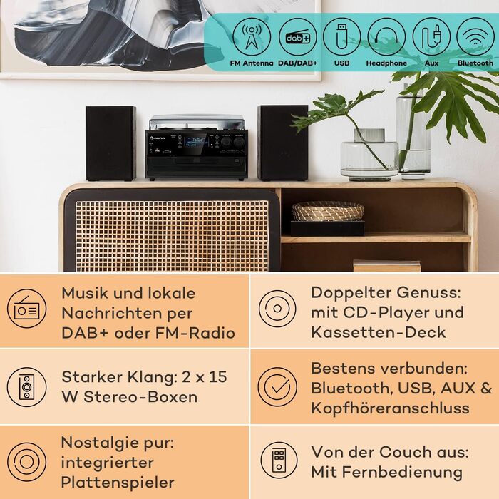 Вініловий програвач Auna з Bluetooth, USB, CD, DAB-радіо, динаміками, ретро-дизайн