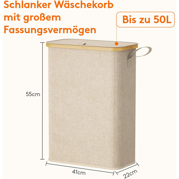 Кошик для білизни Lifewit 50L з кришкою, бамбуковий, з ручкою, для квартири, гуртожитку, кемпінгу, бежевий