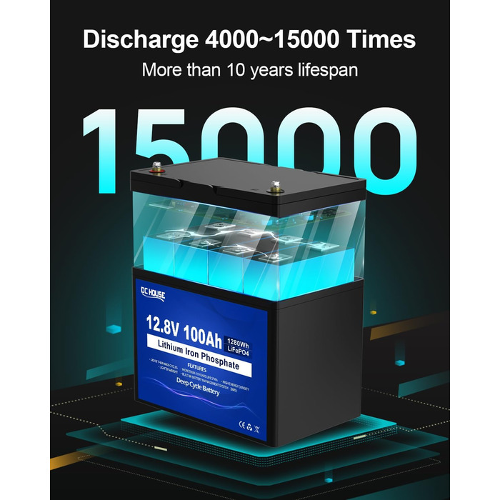 Акумуляторна батарея DCHOUSE 12V 100Ah LiFePO4, оновлена BMS 100A, до 15000 циклів, літієва батарея 1280 Втгод, ідеально підходить для автофургонів, сонячних систем, караванів, човнів, кемпінгу, автономних систем