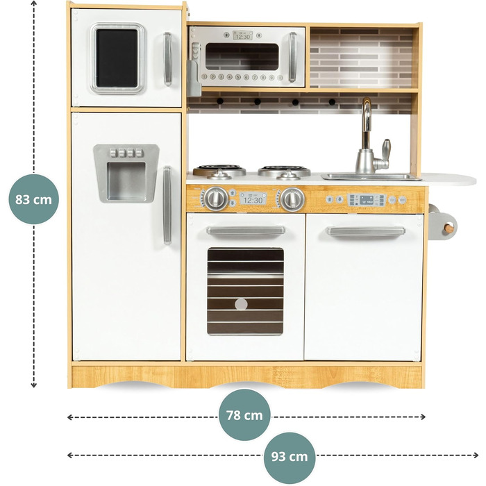 Дерев'яна дитяча кухня Mamabrum з LED-підсвічуванням та аксесуарами - 15 частин. Комплект: плита, духовка, мікрохвильова піч, холодильник, кран та іграшкова кухонна утвар для дітей