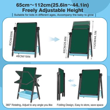 Дитяча мольберт Kinderstaffelei: двосторонній, металевий, регульований по висоті, 360° обертання, дошка для малювання та письма з літерами та цифрами (чорний)