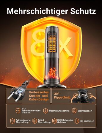 Електричний обігрівач керамічний 2000W з пультом, ефект каміну, термостат, осциляція 70°, ECO режим, 3 режими, таймер 1-8 год, захист від перегріву та перекидання, тихий для офісу та вітальні