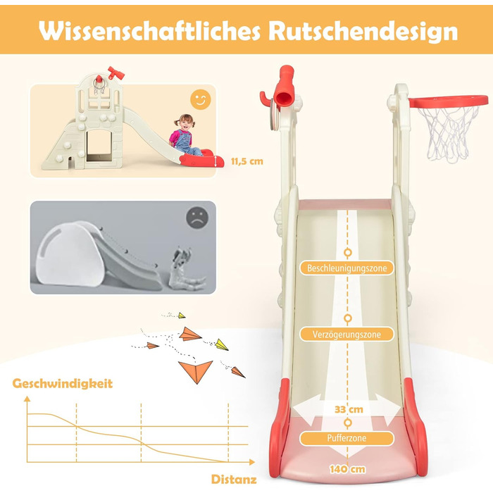 Дитячий ігровий комплекс COSTWAY 6-в-1: гірка, драбинка, баскетбольний кошик, кільця, тунель, телескоп (Рожевий)