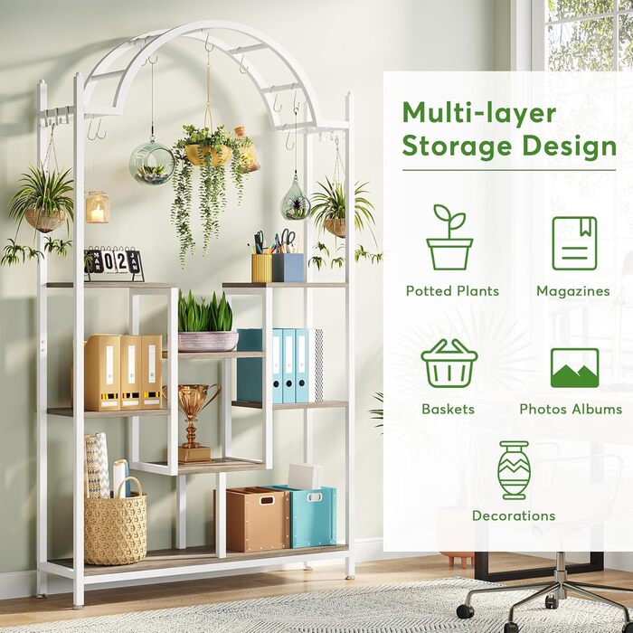 Плантатор Tribesigns з 5 полицями для дому, металева конструкція, полиці-арки з гачками, велика підставка для квіткових горщиків, для саду, балкону, вітальні, білий та сірий