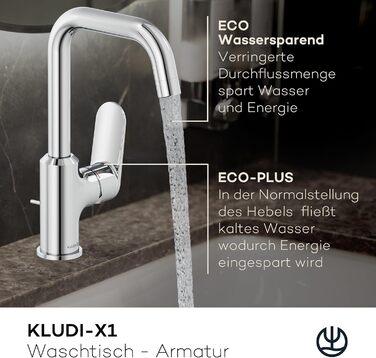 Змішувач для умивальника KLUDI-X1 з витяжною системою, поворотний на 360°, висота виливу 205 мм, водозберігаючий, розмір L, з підключенням, хром, з комплектом для зливу, хром