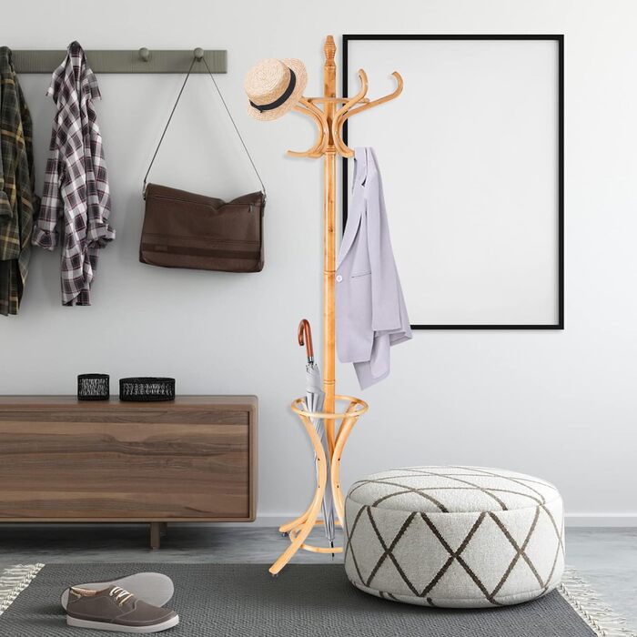 Стійка для одягу GIANTEX з підставкою для парасольки, дерев'яна, 12 гачків, для передпокою/вітальні (натуральний колір)