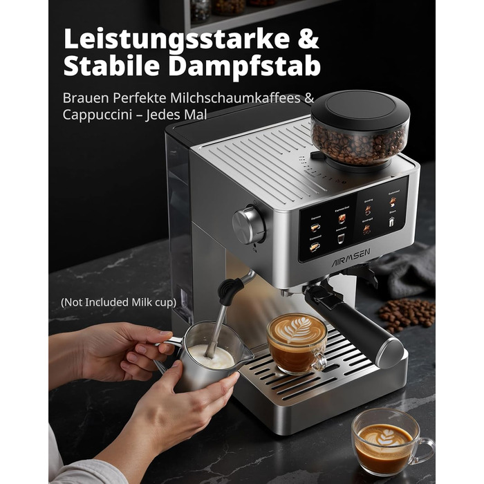 Еспресо-машина Siebträger з прозорою колбою, 20 Bar, автоматичний спінювач молока, для капучино та лате, Dual Boiler (1350W & 1000W), 15s екстракція, нержавіюча сталь, бак 1.8L, сенсорний дисплей, автоматичний спінювач молока (з млинком)