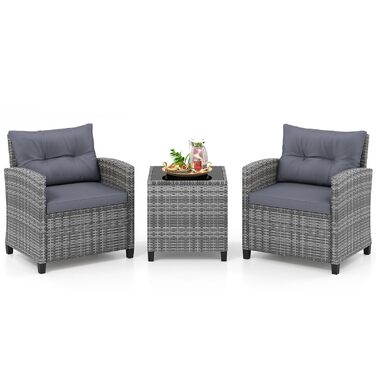 Садовий набір меблів COSTWAY з ротангу, 3 предмети: 2 крісла, стіл із загартованим склом, подушки. Меблі для балкона та тераси на 2 особи, сірий