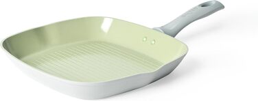 Сковорода-гриль SALTER Earth Grill 28 см з виливом, квадратна, для стейків, сумісна з індукцією, без PFAS/PFOA, алюміній з титановою основою, керамічне покриття, легко миється, з бакелітовою ручкою, зелена