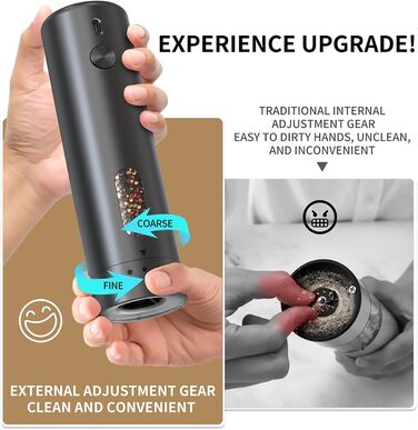 Електричний набір для солі та перцю з зарядною станцією, об'єм 110 мл, перезаряджувана соляна млинка з 5 рівнями, керамічна млинка з щіткою (1 шт, чорний)