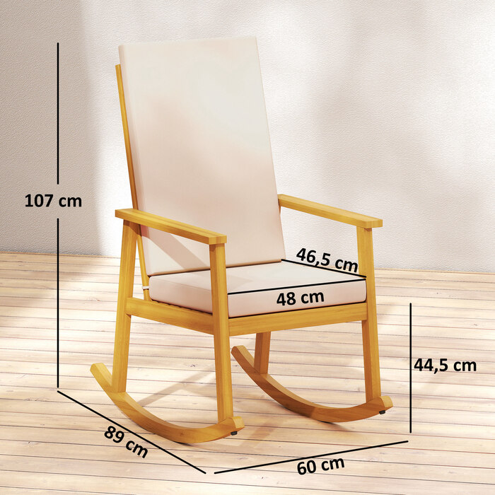 Гойдалка з акації з високою спинкою та подушкою, витримує до 160 кг, 60 x 89 x 107 см, бежева