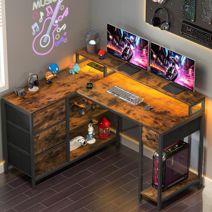 Стол YITAHOME L-подібний з USB-портом та розеткою, 140x100 см, 4 шухляди, полиця, для офісу, коричневий