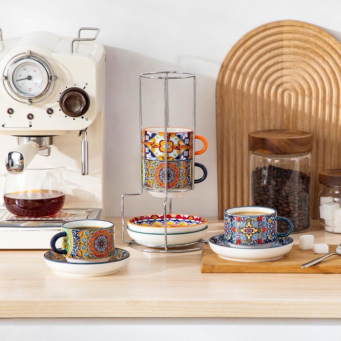 Набір чашок для еспресо Vancasso 4 шт., 150 мл, SIMI, з підставками та стійкою, керамічні, для капучино, еспресо, лате