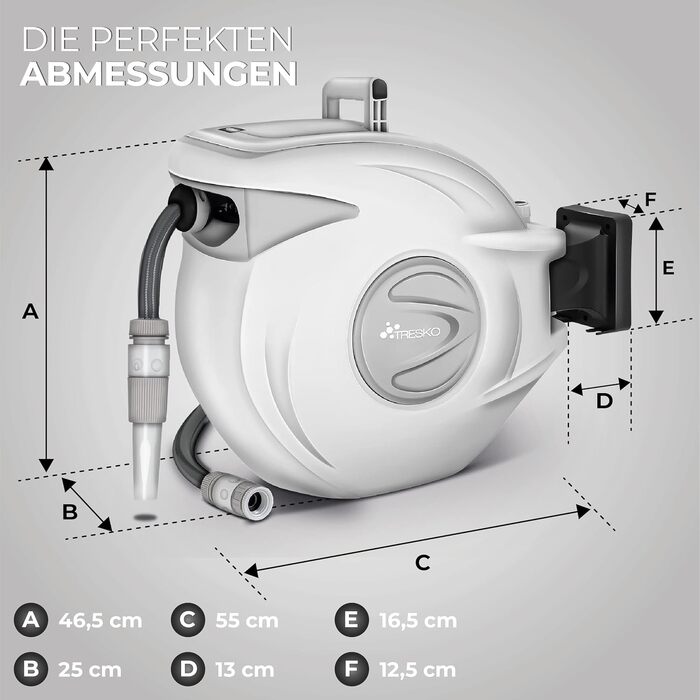 Трьохкамерний шланг TRESKO® з роликом для шланга, 30+2 м, з ручною лійкою, поворотний на 180°, для саду, автоматичний, з кріпленням для стіни та монтажним матеріалом