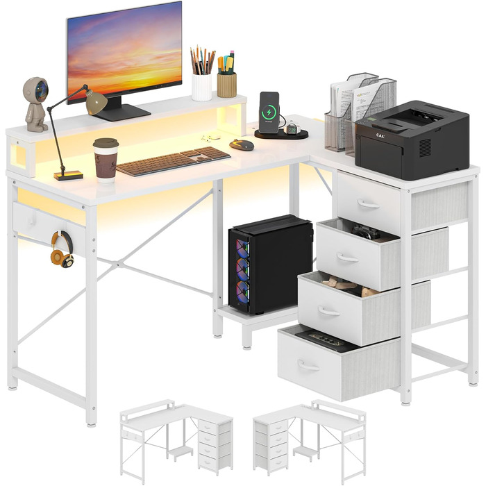 Кутовий стіл YITAHOME з LED-підсвічуванням, 4 шухлядами, 2 розетками та USB-портами, 130x100 см (білий)