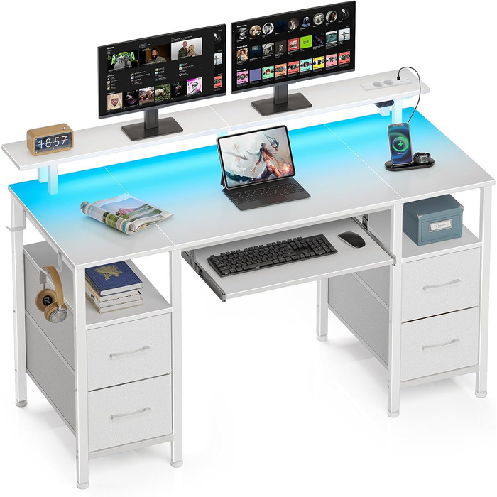 Стіл Rolanstar з шухлядами, 120x47 см, ігровий стіл з розеткою, LED-підсвітка та підставка для монітора, стіл для комп'ютера з підставкою для клавіатури, білий