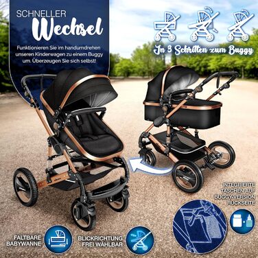 Дитяча коляска KIDUKU® 3 в 1 XXL Комплект | Комбінована коляска з люлькою, прогулянковим блоком та автокріслом | З підножкою, рюкзаком, грічкою, дощовиком та столиком | Надувні колеса, чорний / мідно-золотий, ECE R129