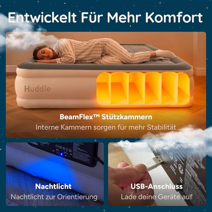 Huddle® Luxury Never Deflate - Розкішне надувне ліжко Never Deflate з запатентованою технологією Dual-Pump-SlumberGuard™ | Надувна матрац з вбудованим насосом | Зручне надувне ліжко (одиночне)