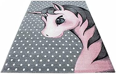 Дитячий килим з коротким ворсом для дитячої кімнати з єдинорогом, сіро-рожевий, Розмір 120x170 см (80x150 см)