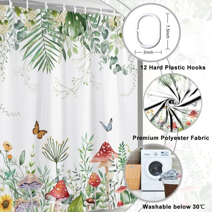Штора для душу 180x220 см, Антигрибкова, з тропічним дизайном (пальмові листя, евкаліпт, гриби), водонепроникна, поліестер, для ванної кімнати, з 12 гачками, зелена