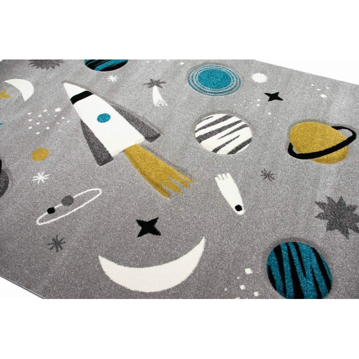 Килим CARPETIA для дитячої кімнати, космічна ракета, планета, сірий, синій, Розмір (120 см круглий)