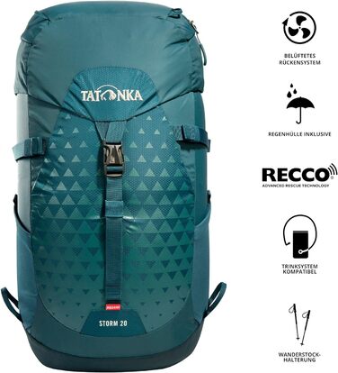 Туристичний рюкзак Tatonka Storm 20л RECCO з вентиляцією спини та дощовиком - Легкий, зручний рюкзак для походів зі світловідбивачем RECCO - без PFC - 20 літрів 20 літрів Бірюзово-зелений