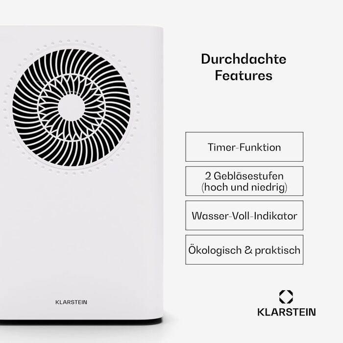 Зволожувач повітря Klarstein CircleDry 12L Smart з Wi-Fi, тихий 38dB, таймер 24г, безперервна злив, контроль вологості, для приміщень до 24м², білий