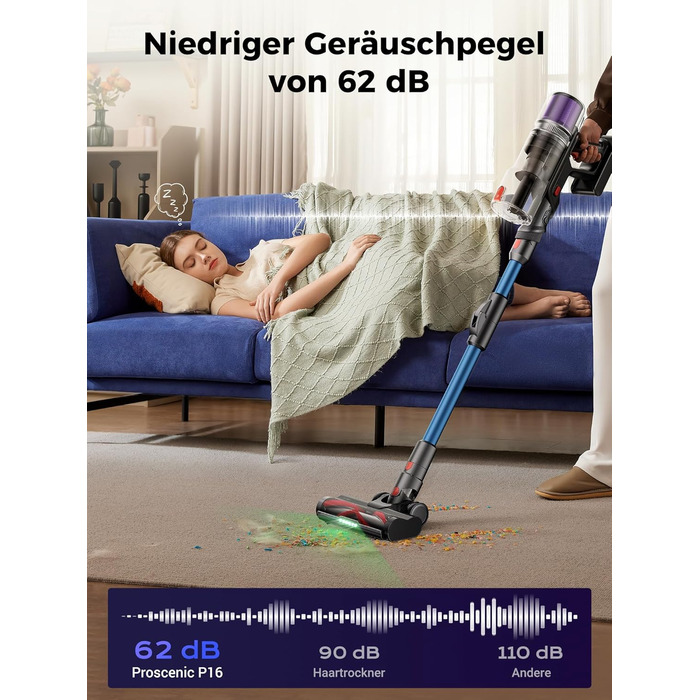 Бездротовий пилосос Proscenic P16: акумуляторний, 550W, 65 хв роботи, гнучкий згин, GreenEye, антизаплутувальна насадка, для килимів, твердих поверхонь, шерсті тварин, синій
