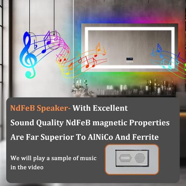 Дзеркало для ванної кімнати LUVODI LED з підсвічуванням, 40x50 см, водонепроникне, сенсорне керування, 3 колірні температури, регульована яскравість, антизапарник, RGB підсвічування, Bluetooth, 120x60 см