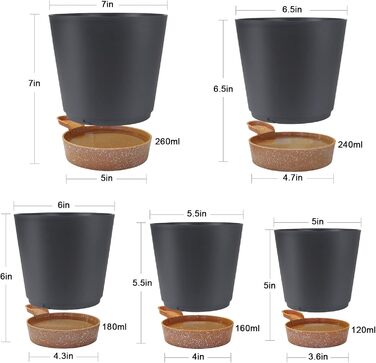 5 горщиків з пластику з системою поливу, 17.8/16.5/15.2/13.9/12.7 см. Самополивні кашпо з підставкою, круглі горщики для квітів, сукулентів, кактусів, кімнатних рослин, балкона та саду, зелені (чорний, коричневий)